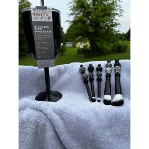 BKLYN Steel Co Black Stainless Steel Wine Glass 15oz & Beaded Makeup Brush Set